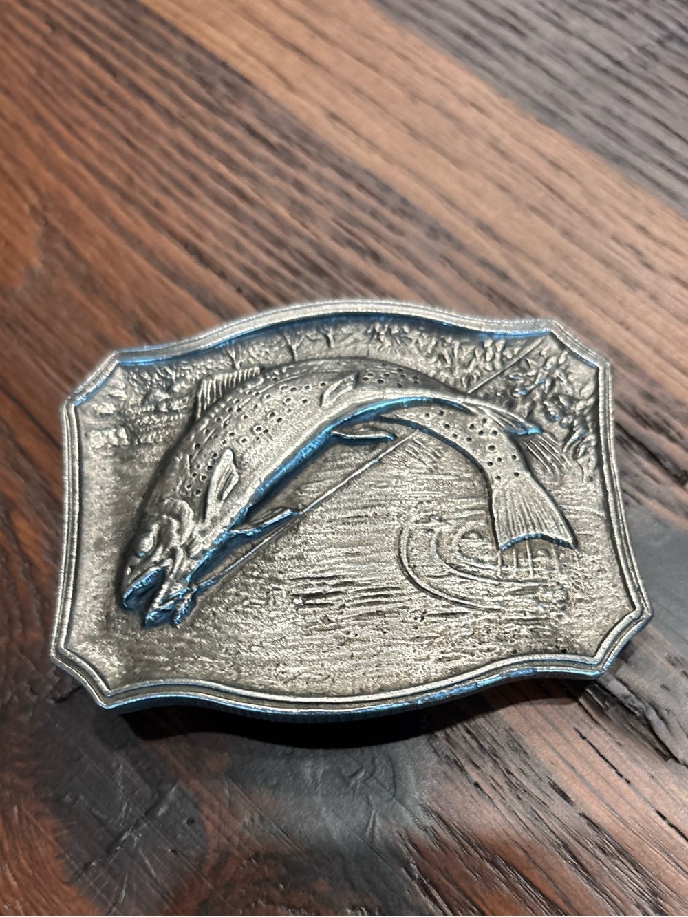 Vintage Jumping Trout Fisherman Belt Buckle, Artist James Lind, Wyoming Studios
